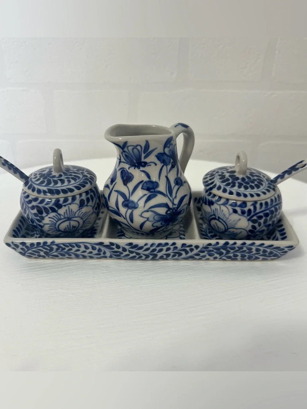 Vintage Blue White Talavera Style Floral Sugar Cream Condiment Set Tray & Spoons